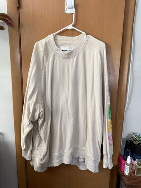 Cream Oversized Crewneck Sweatshirt with Colorful CHEERS Sleeve - Aerie